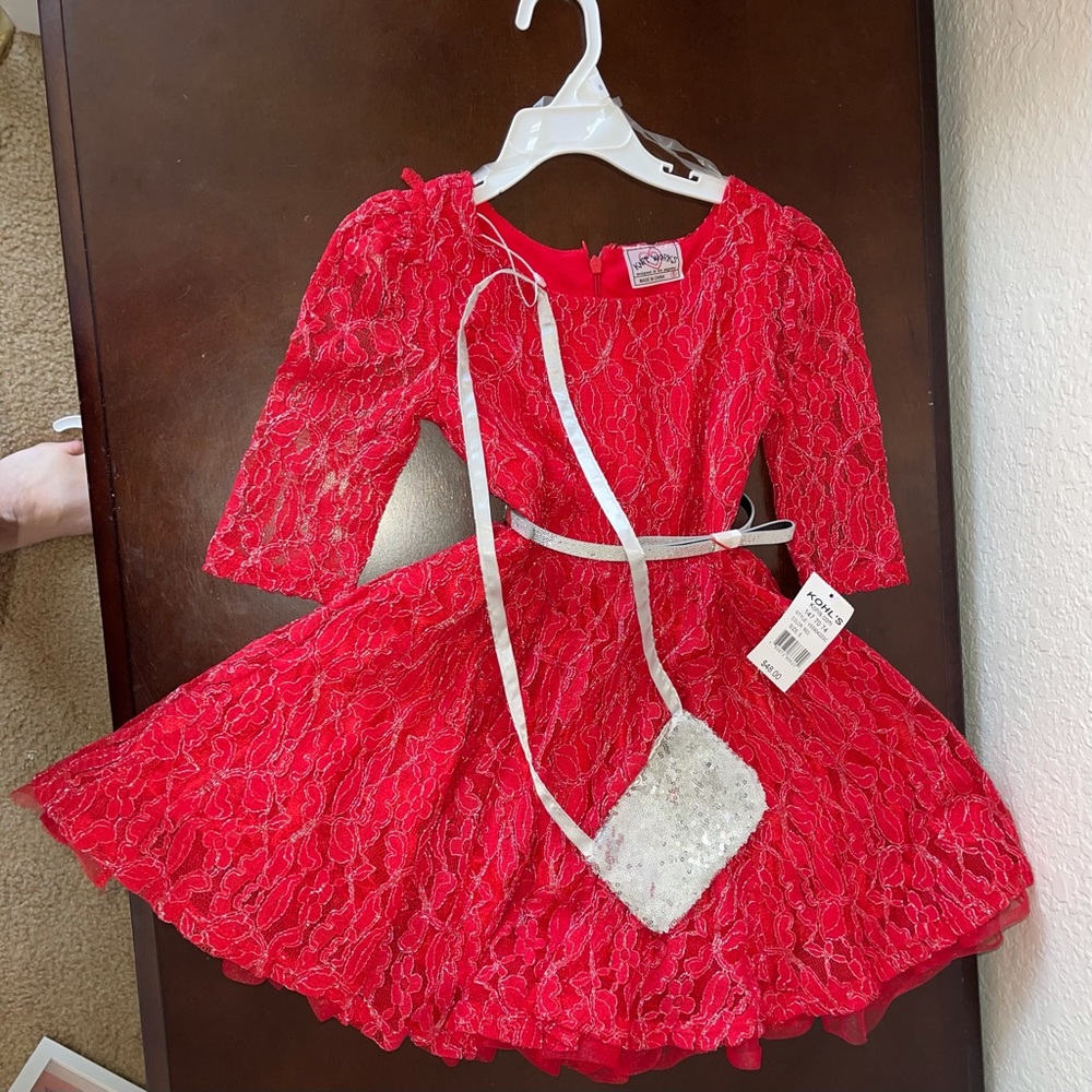 Beautiful girls red dress with belt and purse